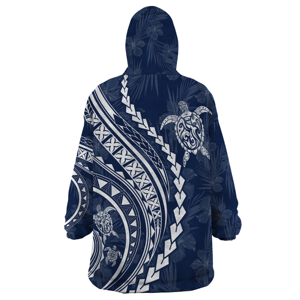 Polynesian Pride Wearable Blanket Hoodie Turtle Hibiscus Luxury Style - Navy LT7 - Polynesian Pride
