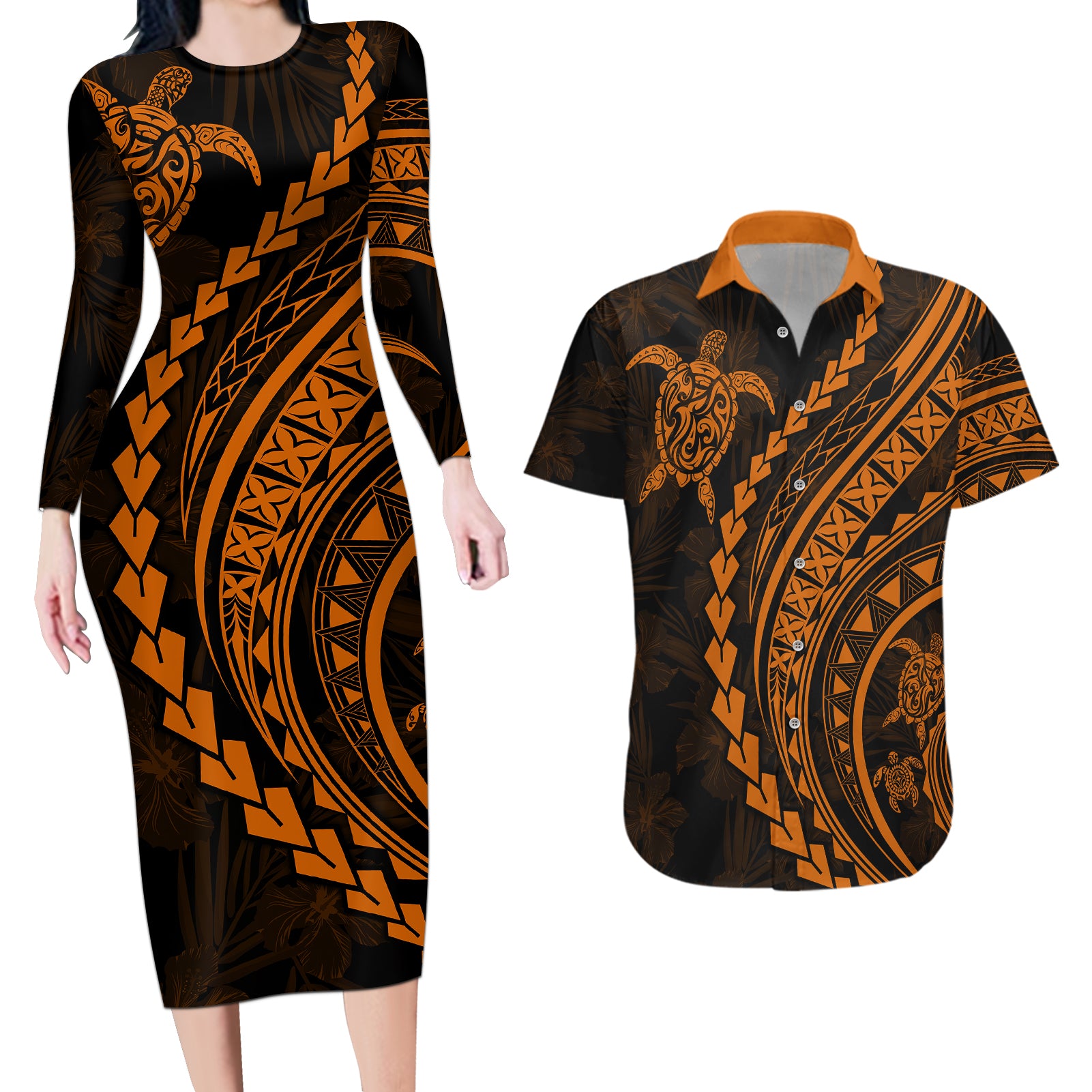 Polynesian Pride Couples Matching Long Sleeve Bodycon Dress and Hawaiian Shirt Turtle Hibiscus Luxury Style - Orange LT7 Orange - Polynesian Pride