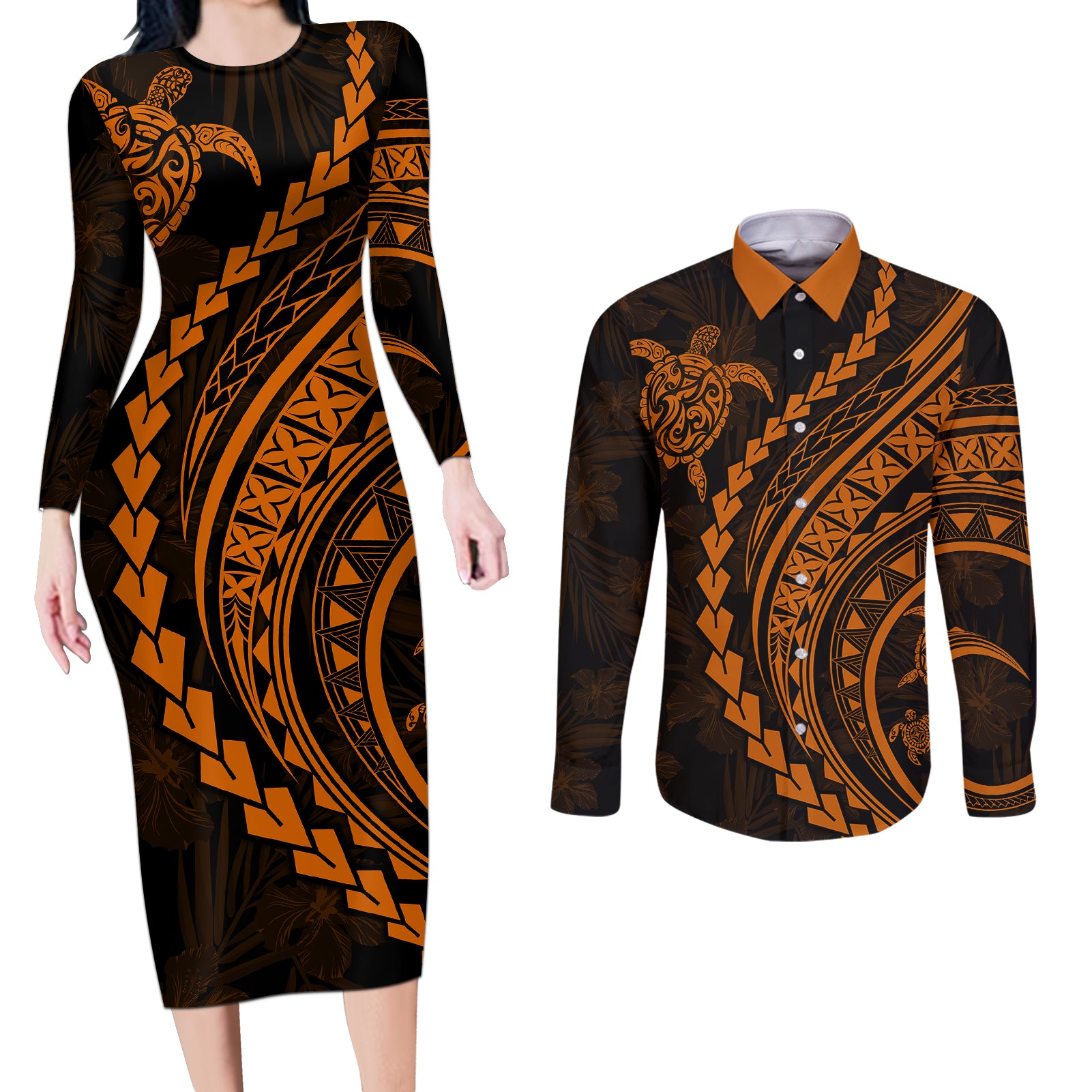 Polynesian Pride Couples Matching Long Sleeve Bodycon Dress and Long Sleeve Button Shirts Turtle Hibiscus Luxury Style - Orange LT7 Orange - Polynesian Pride