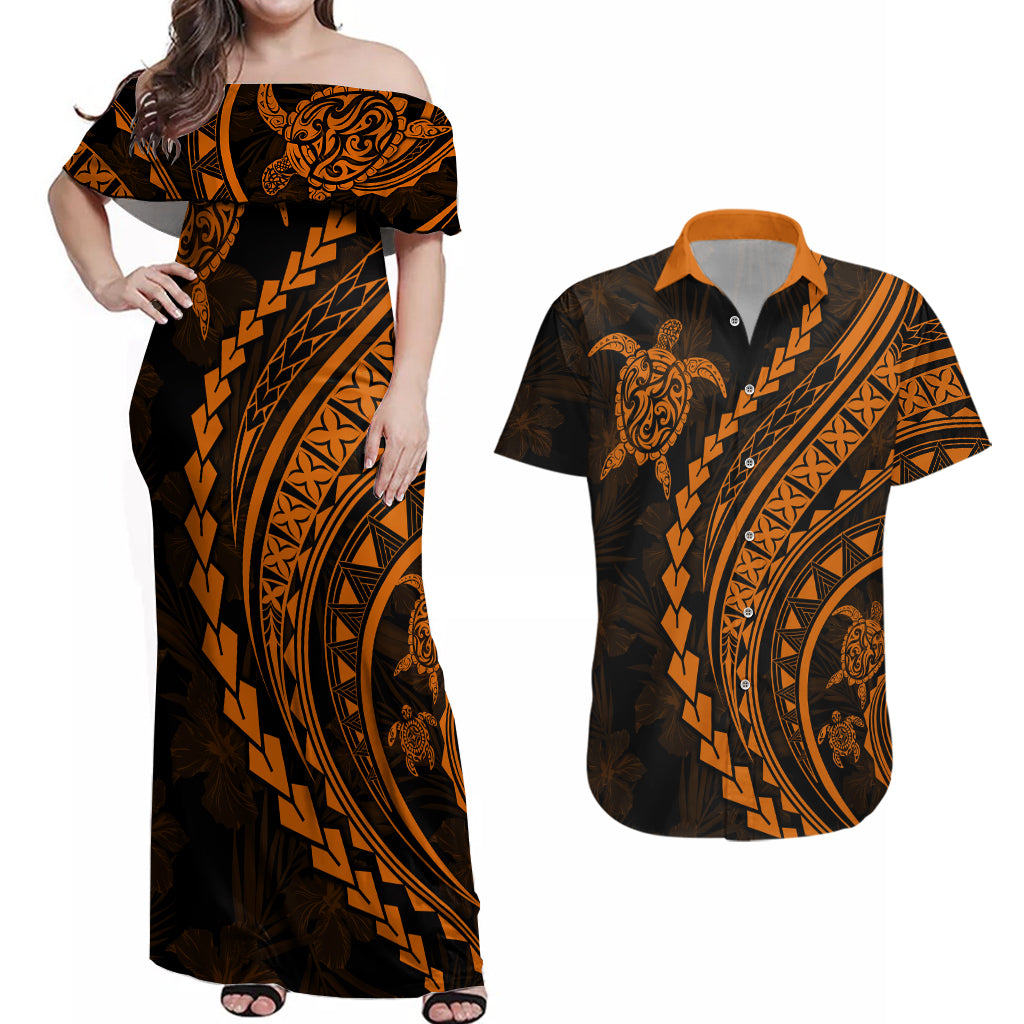 Polynesian Pride Couples Matching Off Shoulder Maxi Dress and Hawaiian Shirt Turtle Hibiscus Luxury Style - Orange LT7 Orange - Polynesian Pride