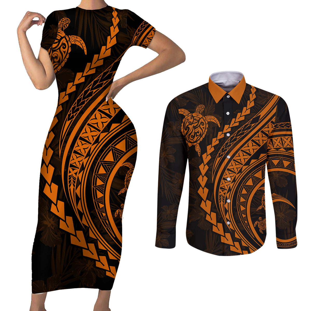 Polynesian Pride Couples Matching Short Sleeve Bodycon Dress and Long Sleeve Button Shirts Turtle Hibiscus Luxury Style - Orange LT7 Orange - Polynesian Pride