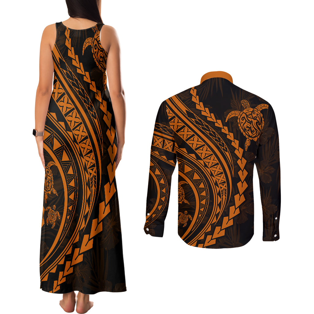 Polynesian Pride Couples Matching Tank Maxi Dress and Long Sleeve Button Shirts Turtle Hibiscus Luxury Style - Orange LT7 - Polynesian Pride