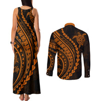 Polynesian Pride Couples Matching Tank Maxi Dress and Long Sleeve Button Shirts Turtle Hibiscus Luxury Style - Orange LT7 - Polynesian Pride