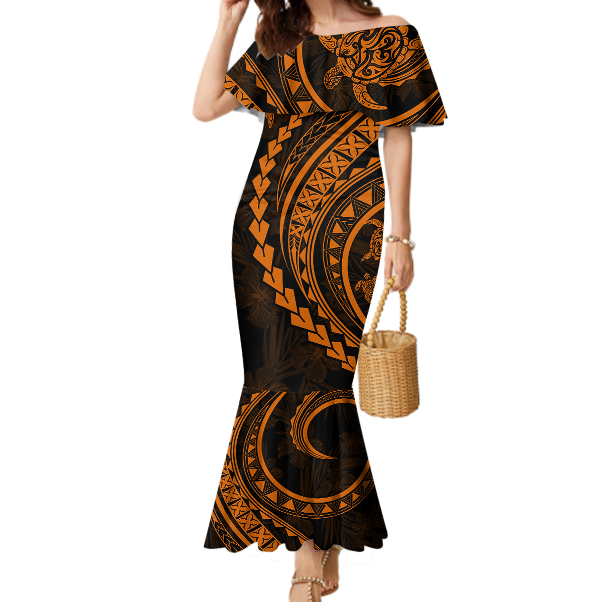 Polynesian Pride Mermaid Dress Turtle Hibiscus Luxury Style - Orange LT7 Women Orange - Polynesian Pride