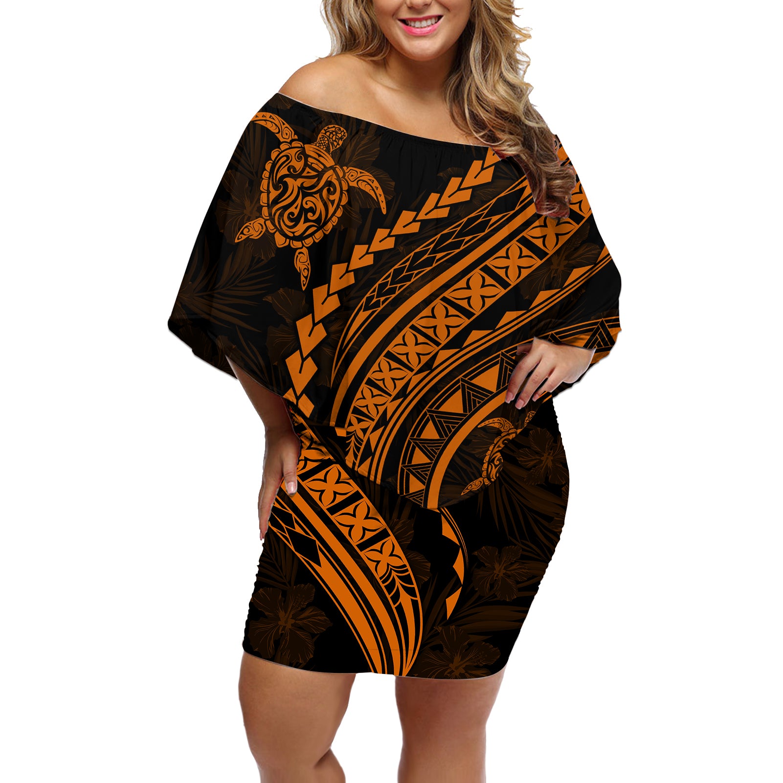 Polynesian Pride Off Shoulder Short Dress Turtle Hibiscus Luxury Style - Orange LT7 Women Orange - Polynesian Pride