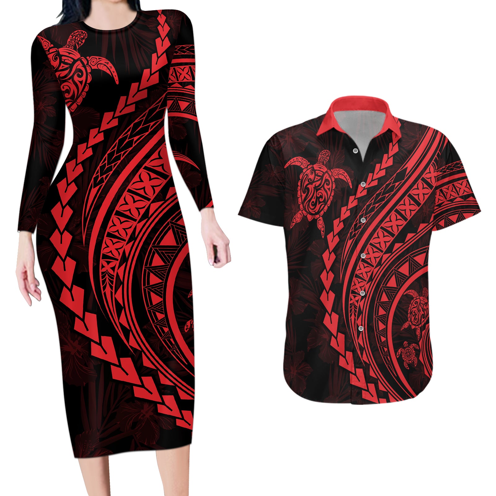 Polynesian Pride Couples Matching Long Sleeve Bodycon Dress and Hawaiian Shirt Turtle Hibiscus Luxury Style - Rose LT7 Rose - Polynesian Pride