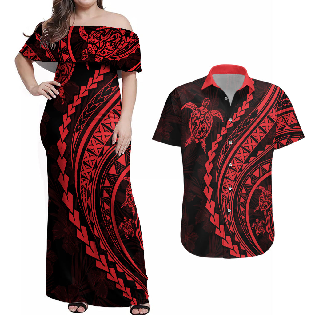 Polynesian Pride Couples Matching Off Shoulder Maxi Dress and Hawaiian Shirt Turtle Hibiscus Luxury Style - Rose LT7 Rose - Polynesian Pride