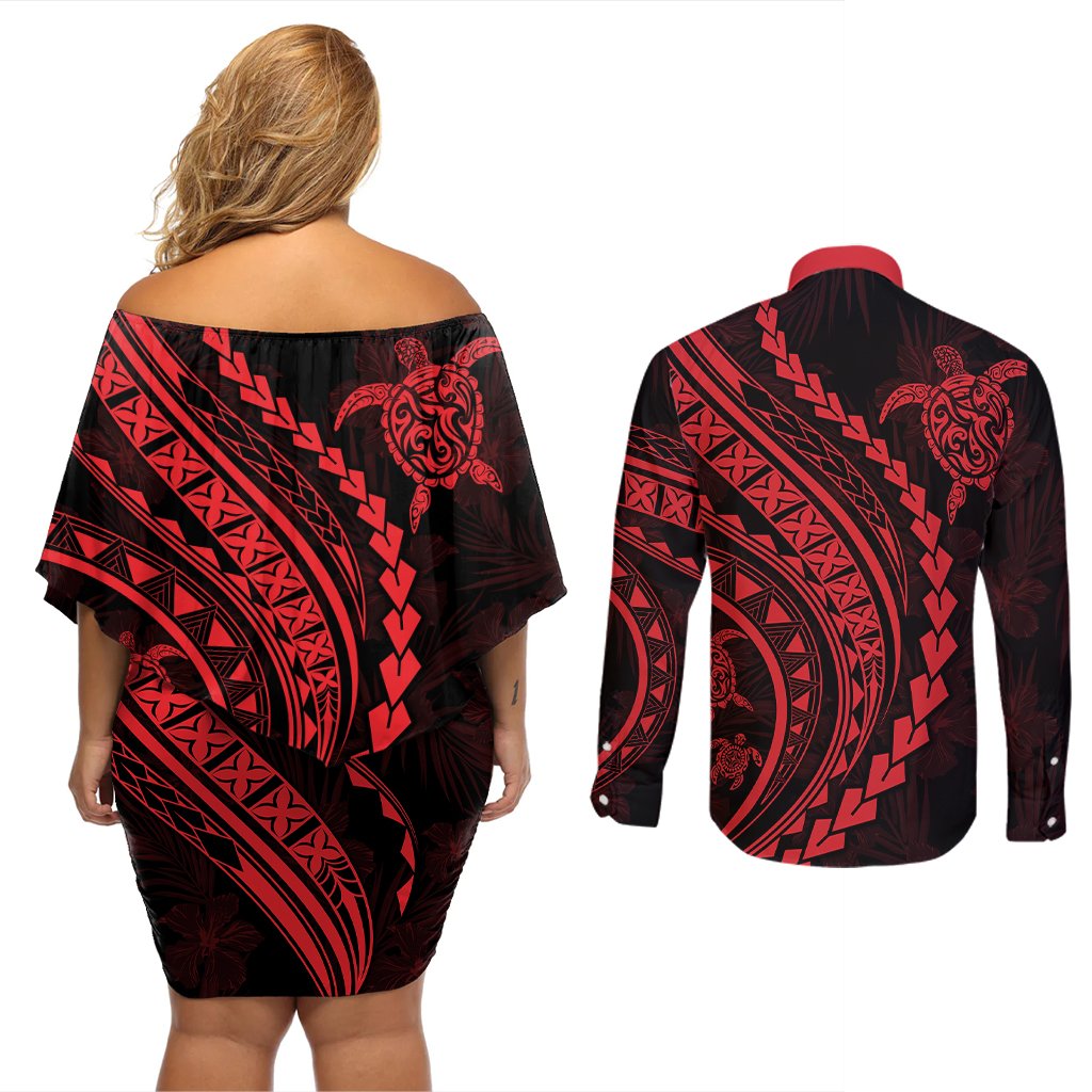 Polynesian Pride Couples Matching Off Shoulder Short Dress and Long Sleeve Button Shirts Turtle Hibiscus Luxury Style - Rose LT7 - Polynesian Pride