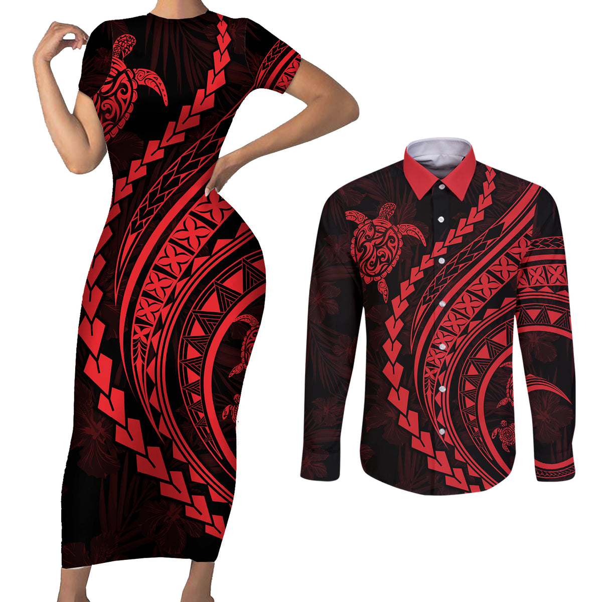 Polynesian Pride Couples Matching Short Sleeve Bodycon Dress and Long Sleeve Button Shirts Turtle Hibiscus Luxury Style - Rose LT7 Rose - Polynesian Pride