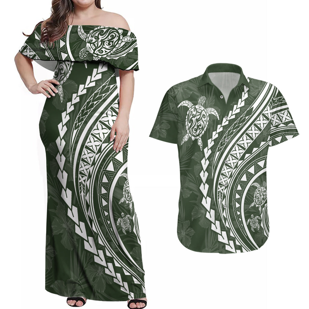 Polynesian Pride Couples Matching Off Shoulder Maxi Dress and Hawaiian Shirt Turtle Hibiscus Luxury Style - Sage LT7 Sage - Polynesian Pride