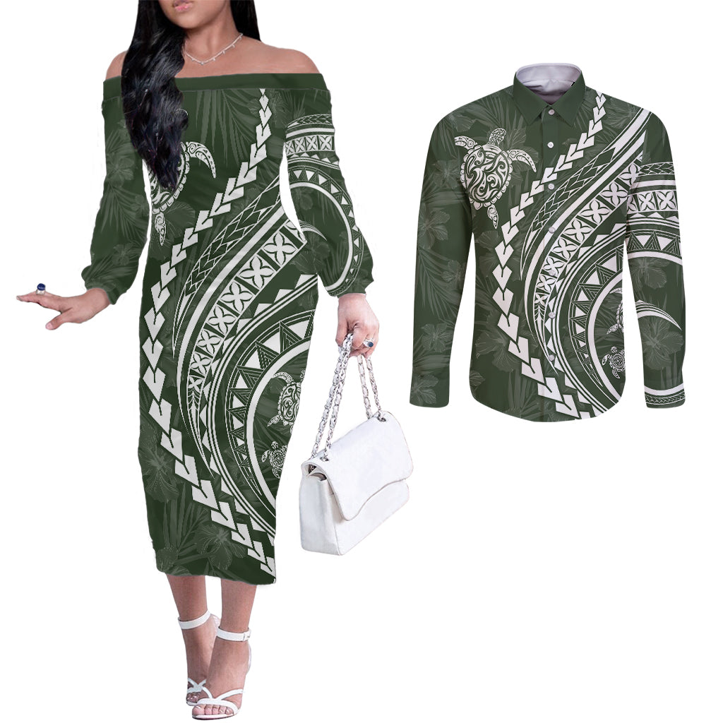 Polynesian Pride Couples Matching Off The Shoulder Long Sleeve Dress and Long Sleeve Button Shirts Turtle Hibiscus Luxury Style - Sage LT7 Sage - Polynesian Pride
