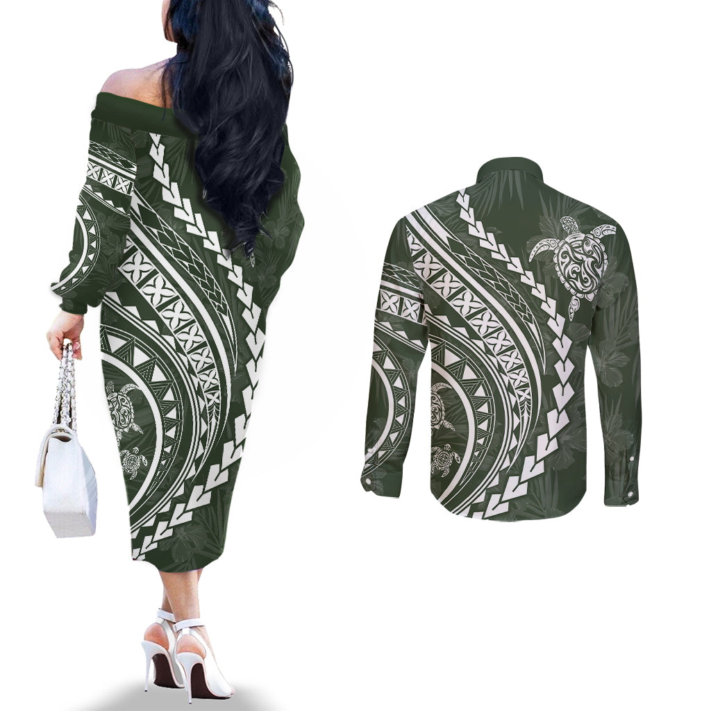 Polynesian Pride Couples Matching Off The Shoulder Long Sleeve Dress and Long Sleeve Button Shirts Turtle Hibiscus Luxury Style - Sage LT7 - Polynesian Pride
