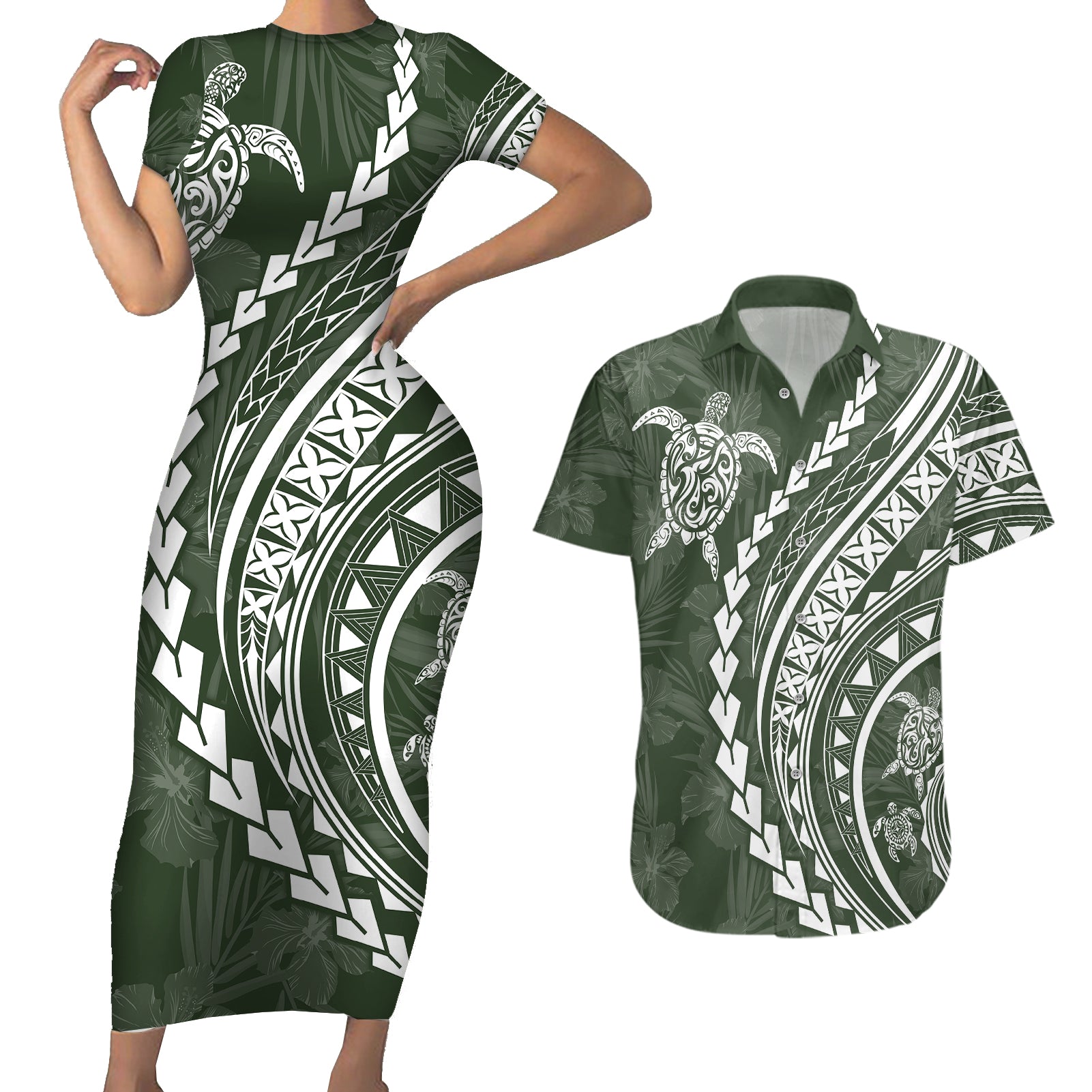 Polynesian Pride Couples Matching Short Sleeve Bodycon Dress and Hawaiian Shirt Turtle Hibiscus Luxury Style - Sage LT7 Sage - Polynesian Pride