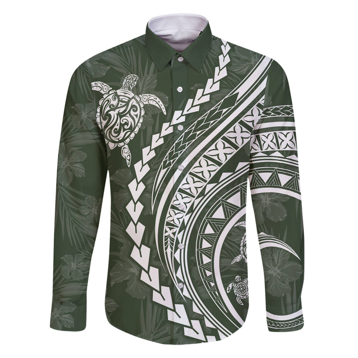 Hawaii Family Matching Outfits Polynesian Pride Off Shoulder Long Sleeve Dress And Shirt Family Set Clothes Turtle Hibiscus Luxury Style - Sage LT7