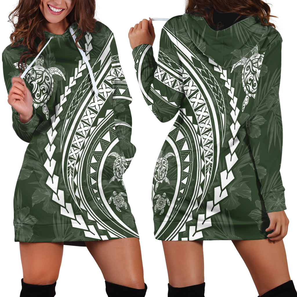 Polynesian Pride Hoodie Dress Turtle Hibiscus Luxury Style - Sage LT7 - Polynesian Pride