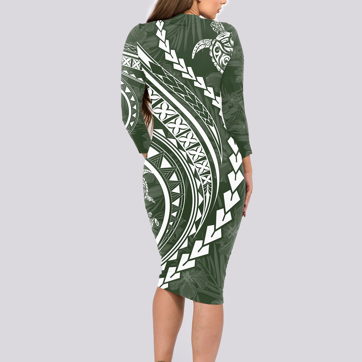 Polynesian Pride Long Sleeve Bodycon Dress Turtle Hibiscus Luxury Style - Sage LT7 - Polynesian Pride