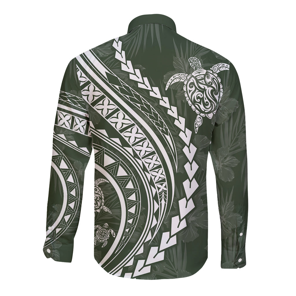 Polynesian Pride Long Sleeve Button Shirt Turtle Hibiscus Luxury Style - Sage LT7 - Polynesian Pride