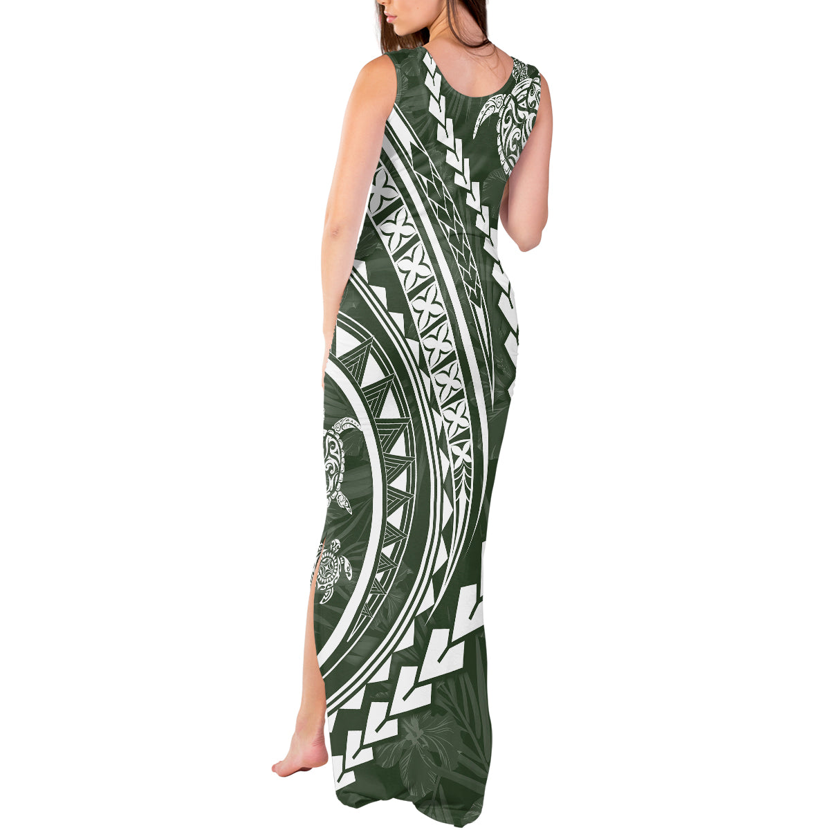 Polynesian Pride Tank Maxi Dress Turtle Hibiscus Luxury Style - Sage LT7 - Polynesian Pride