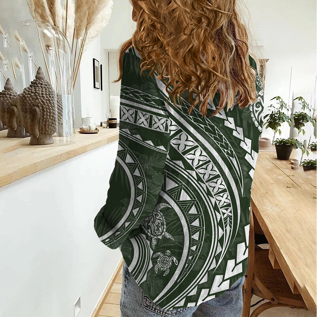 Polynesian Pride Women Casual Shirt Turtle Hibiscus Luxury Style - Sage LT7 - Polynesian Pride