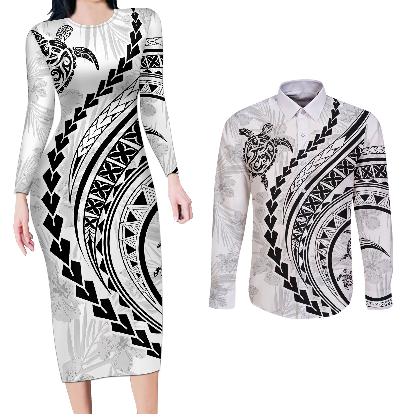 Polynesian Pride Couples Matching Long Sleeve Bodycon Dress and Long Sleeve Button Shirts Turtle Hibiscus Luxury Style - White LT7 White - Polynesian Pride