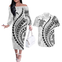 Polynesian Pride Couples Matching Off The Shoulder Long Sleeve Dress and Hawaiian Shirt Turtle Hibiscus Luxury Style - White LT7 White - Polynesian Pride