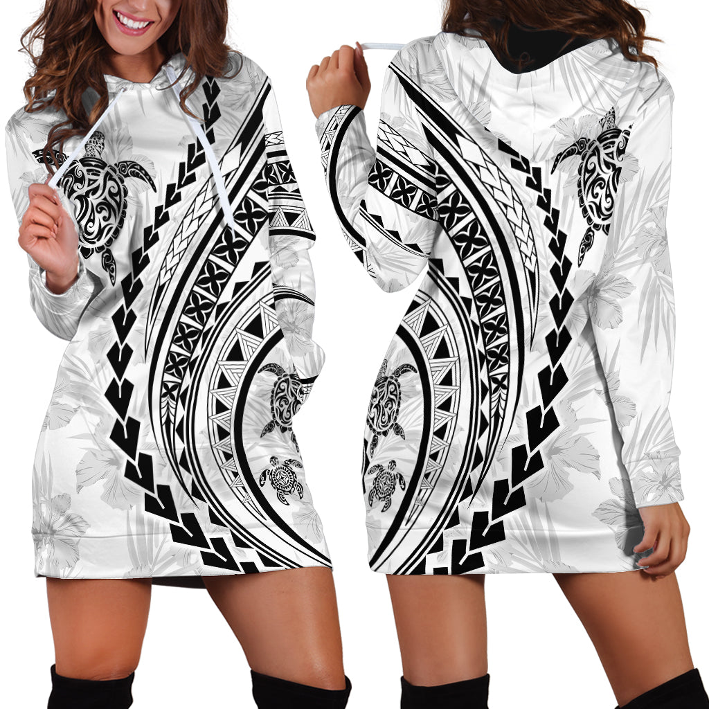 Polynesian Pride Hoodie Dress Turtle Hibiscus Luxury Style - White LT7 - Polynesian Pride