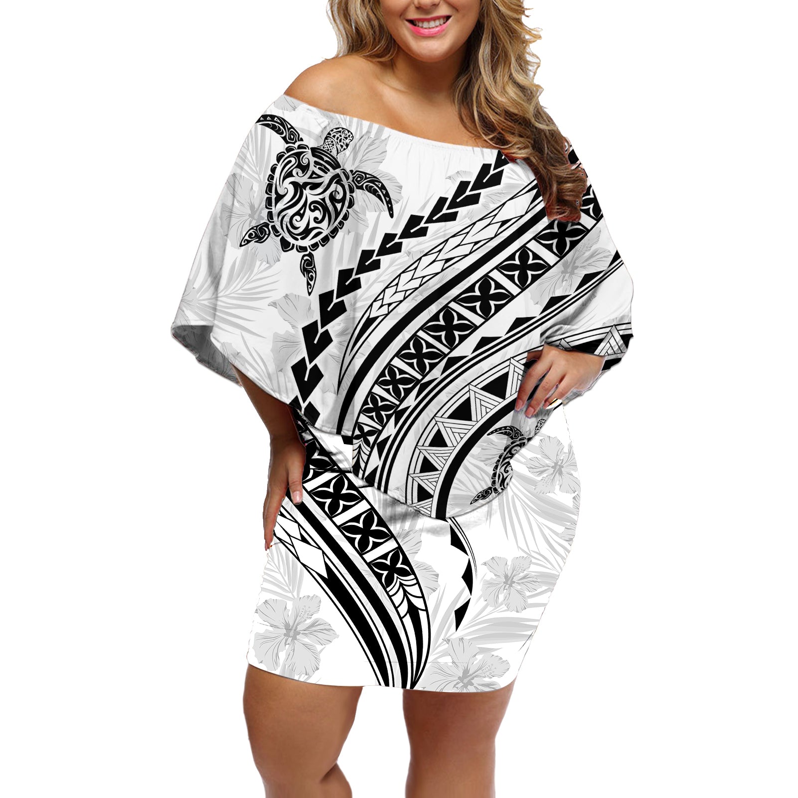 Polynesian Pride Off Shoulder Short Dress Turtle Hibiscus Luxury Style - White LT7 Women White - Polynesian Pride