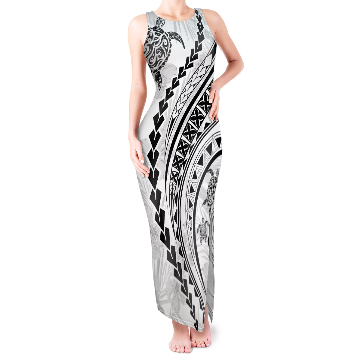 Polynesian Pride Tank Maxi Dress Turtle Hibiscus Luxury Style - White LT7 Women White - Polynesian Pride