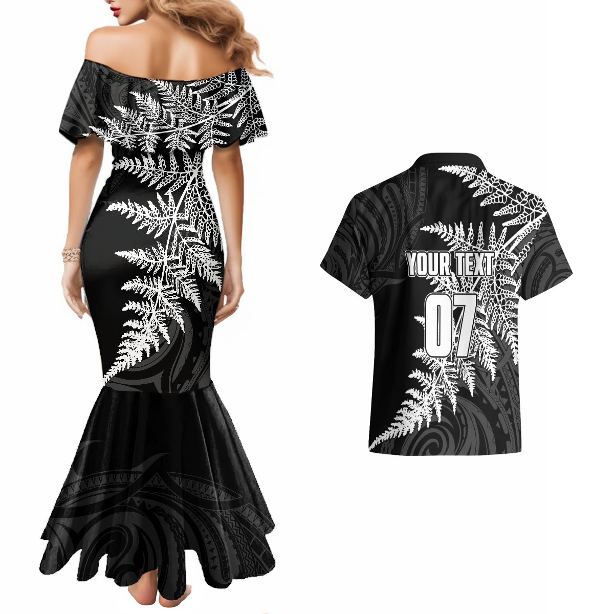 Personalised New Zealand Rugby Couples Matching Mermaid Dress and Hawaiian Shirt World Cup 2023 Silver Fern Champions LT7 - Polynesian Pride