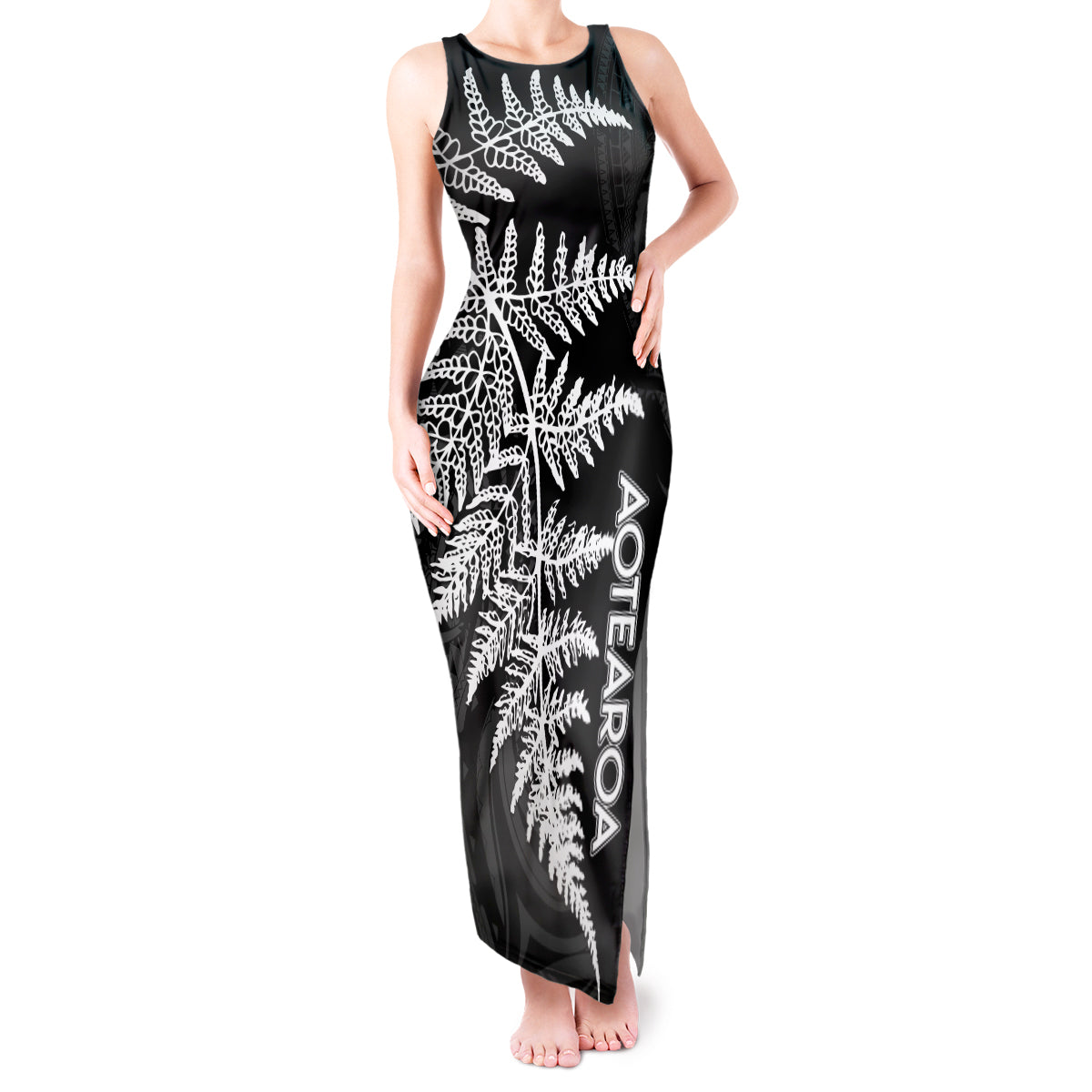 Personalised New Zealand Rugby Tank Maxi Dress World Cup 2023 Silver Fern Champions LT7 Women Black - Polynesian Pride