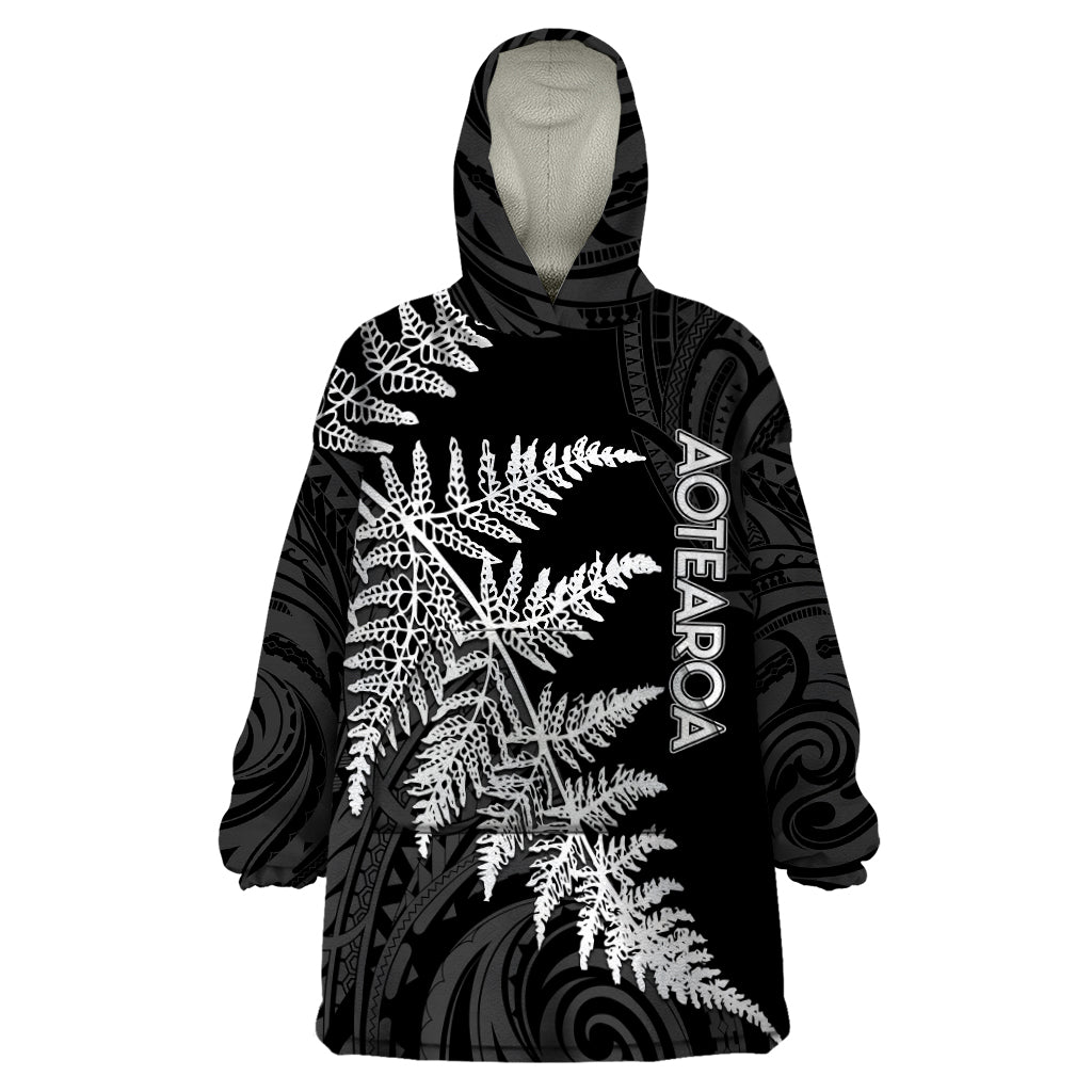 Personalised New Zealand Rugby Wearable Blanket Hoodie World Cup 2023 Silver Fern Champions LT7 One Size Black - Polynesian Pride