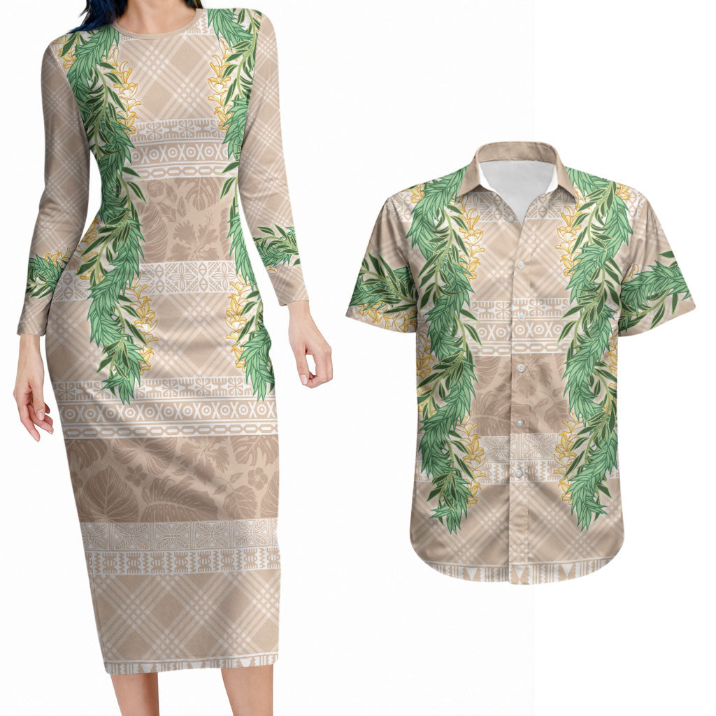 Hawai'i Paniolo Maile Twisted Lei Couples Matching Long Sleeve Bodycon Dress and Hawaiian Shirt Almond Brown LT7 Brown - Polynesian Pride