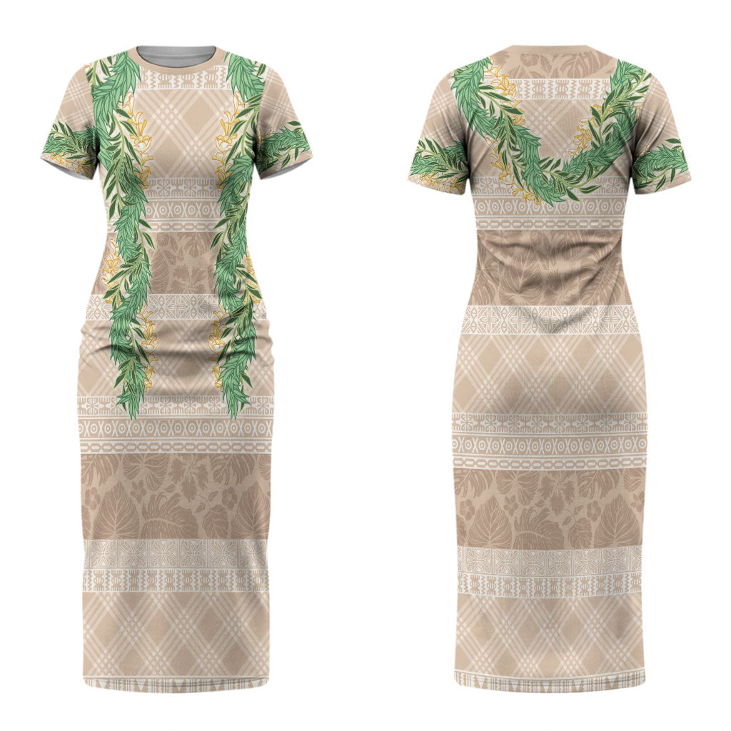 Hawai'i Paniolo Maile Twisted Lei Couples Matching Short Sleeve Bodycon Dress and Long Sleeve Button Shirt Almond Brown LT7 - Polynesian Pride