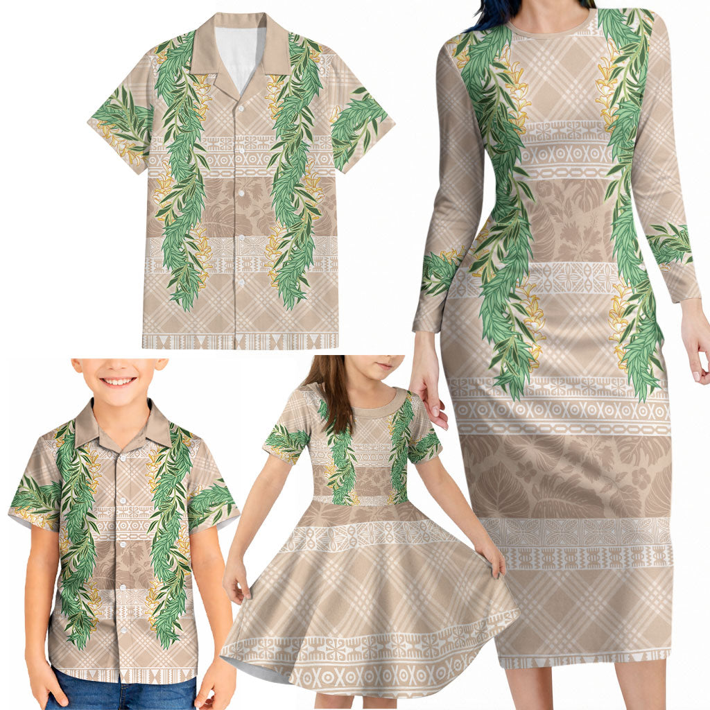 Hawai'i Paniolo Maile Twisted Lei Family Matching Long Sleeve Bodycon Dress and Hawaiian Shirt Almond Brown LT7 - Polynesian Pride
