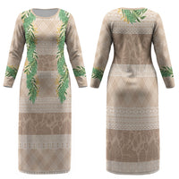 Hawai'i Paniolo Maile Twisted Lei Family Matching Long Sleeve Bodycon Dress and Hawaiian Shirt Almond Brown LT7 Mom's Dress Brown - Polynesian Pride