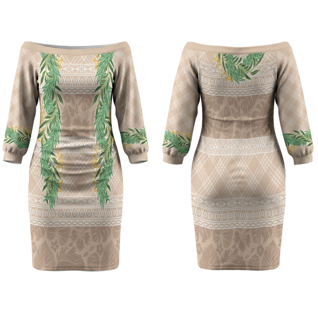 Hawai'i Paniolo Maile Twisted Lei Family Matching Off The Shoulder Long Sleeve Dress and Hawaiian Shirt Almond Brown LT7 Mom's Dress Brown - Polynesian Pride