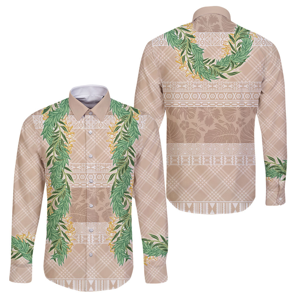 Hawai'i Paniolo Maile Twisted Lei Family Matching Off The Shoulder Long Sleeve Dress and Hawaiian Shirt Almond Brown LT7 Dad's Shirt - Long Sleeve Brown - Polynesian Pride