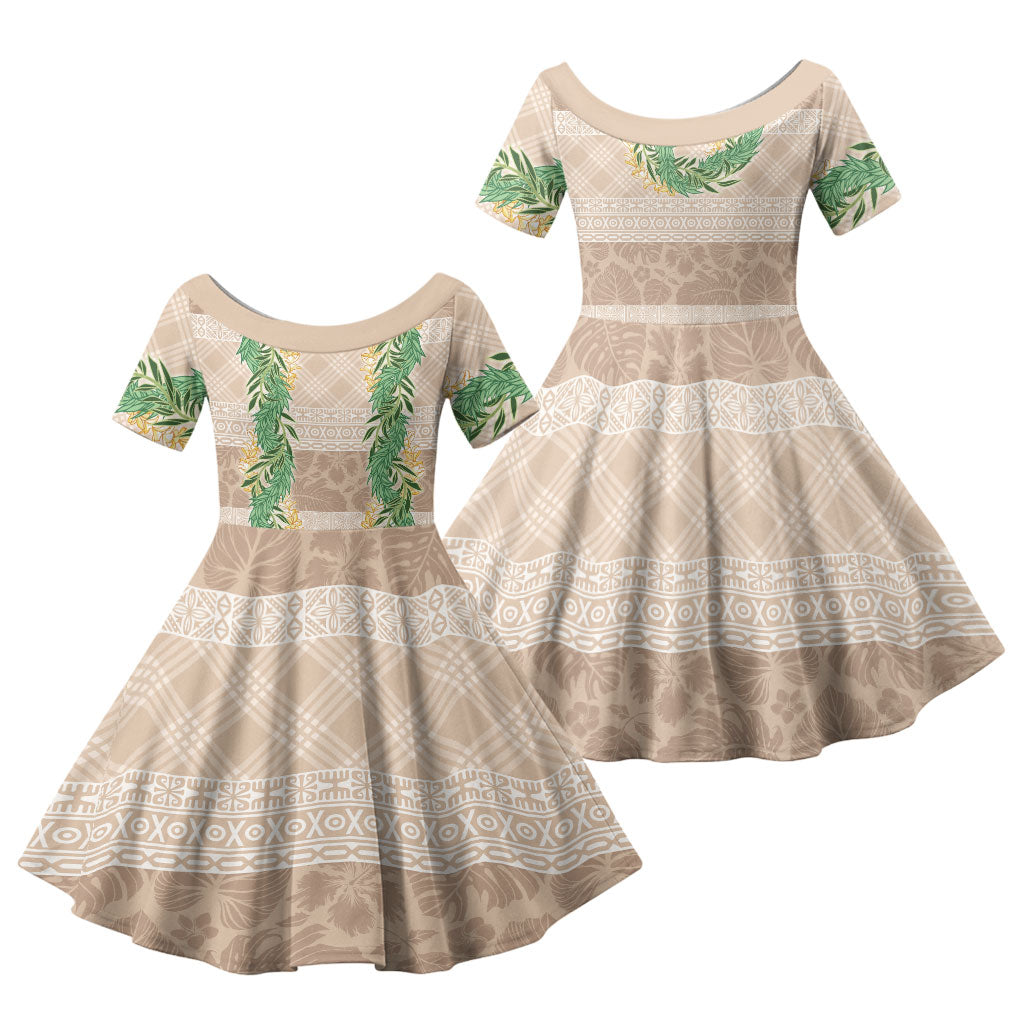 Hawai'i Paniolo Maile Twisted Lei Family Matching Off The Shoulder Long Sleeve Dress and Hawaiian Shirt Almond Brown LT7 Daughter's Dress Brown - Polynesian Pride