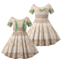Hawai'i Paniolo Maile Twisted Lei Family Matching Off The Shoulder Long Sleeve Dress and Hawaiian Shirt Almond Brown LT7 Daughter's Dress Brown - Polynesian Pride