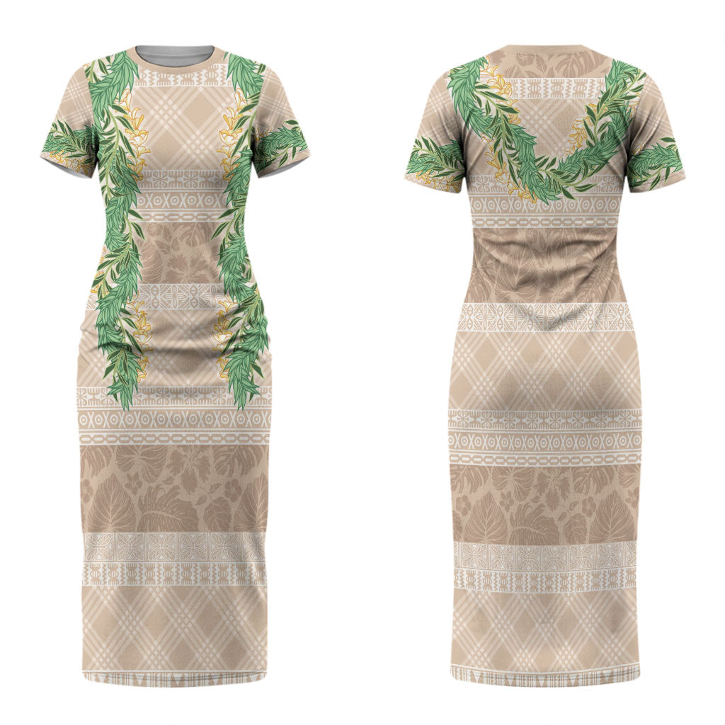 Hawai'i Paniolo Maile Twisted Lei Family Matching Short Sleeve Bodycon Dress and Hawaiian Shirt Almond Brown LT7 Mom's Dress Brown - Polynesian Pride