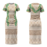 Hawai'i Paniolo Maile Twisted Lei Family Matching Short Sleeve Bodycon Dress and Hawaiian Shirt Almond Brown LT7 Mom's Dress Brown - Polynesian Pride