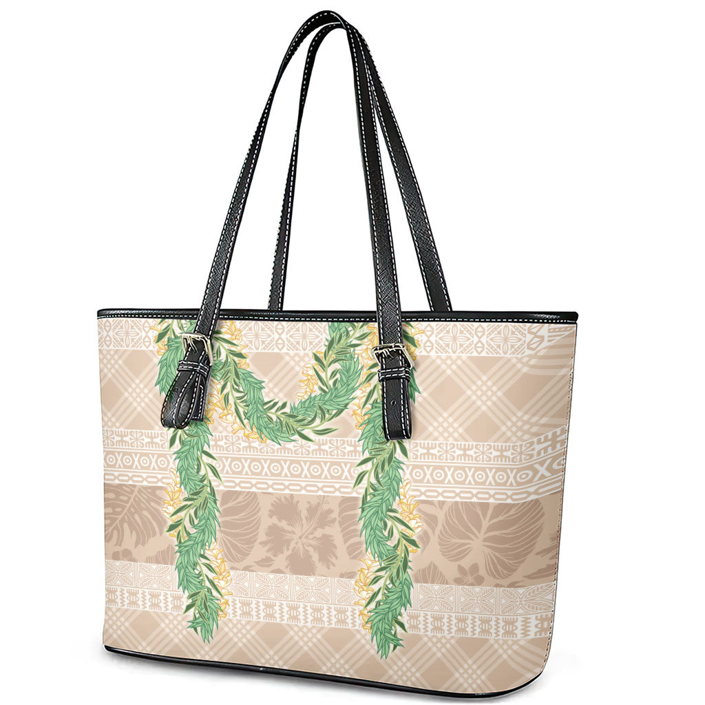 Hawai'i Paniolo Maile Twisted Lei Leather Tote Bag Almond Brown LT7 - Polynesian Pride