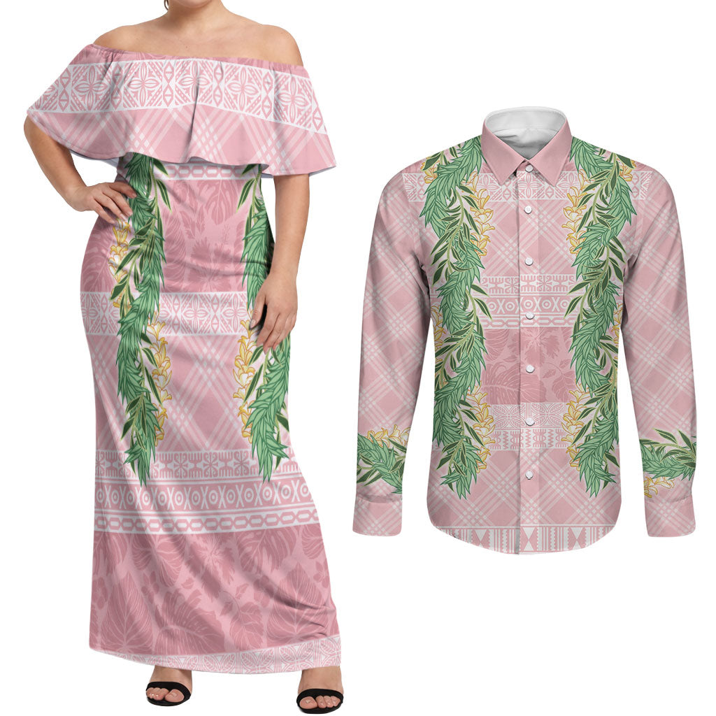 Hawai'i Paniolo Maile Twisted Lei Couples Matching Off Shoulder Maxi Dress and Long Sleeve Button Shirt Dusty Rose LT7 Dusty Rose - Polynesian Pride