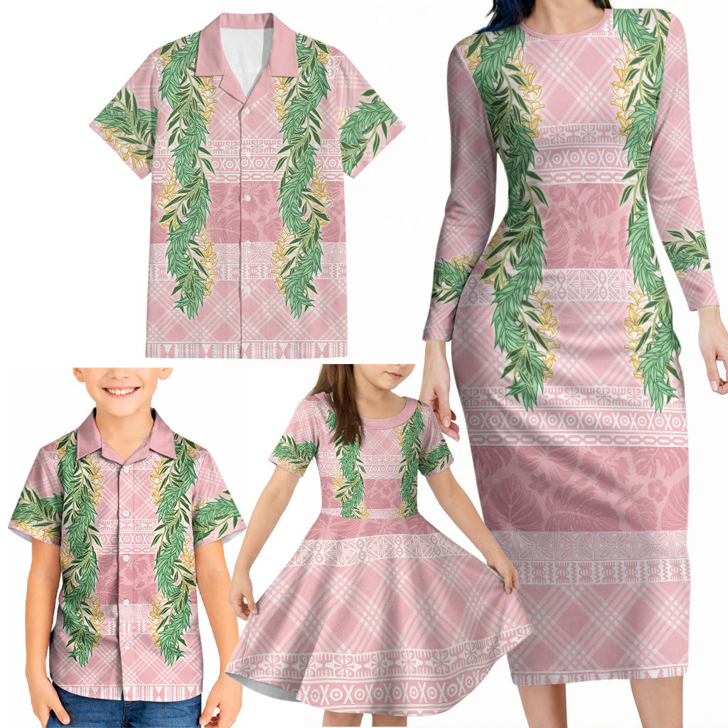 Hawai'i Paniolo Maile Twisted Lei Family Matching Long Sleeve Bodycon Dress and Hawaiian Shirt Dusty Rose LT7 - Polynesian Pride