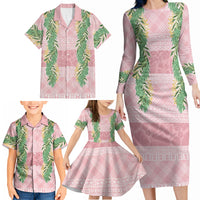Hawai'i Paniolo Maile Twisted Lei Family Matching Long Sleeve Bodycon Dress and Hawaiian Shirt Dusty Rose LT7 - Polynesian Pride