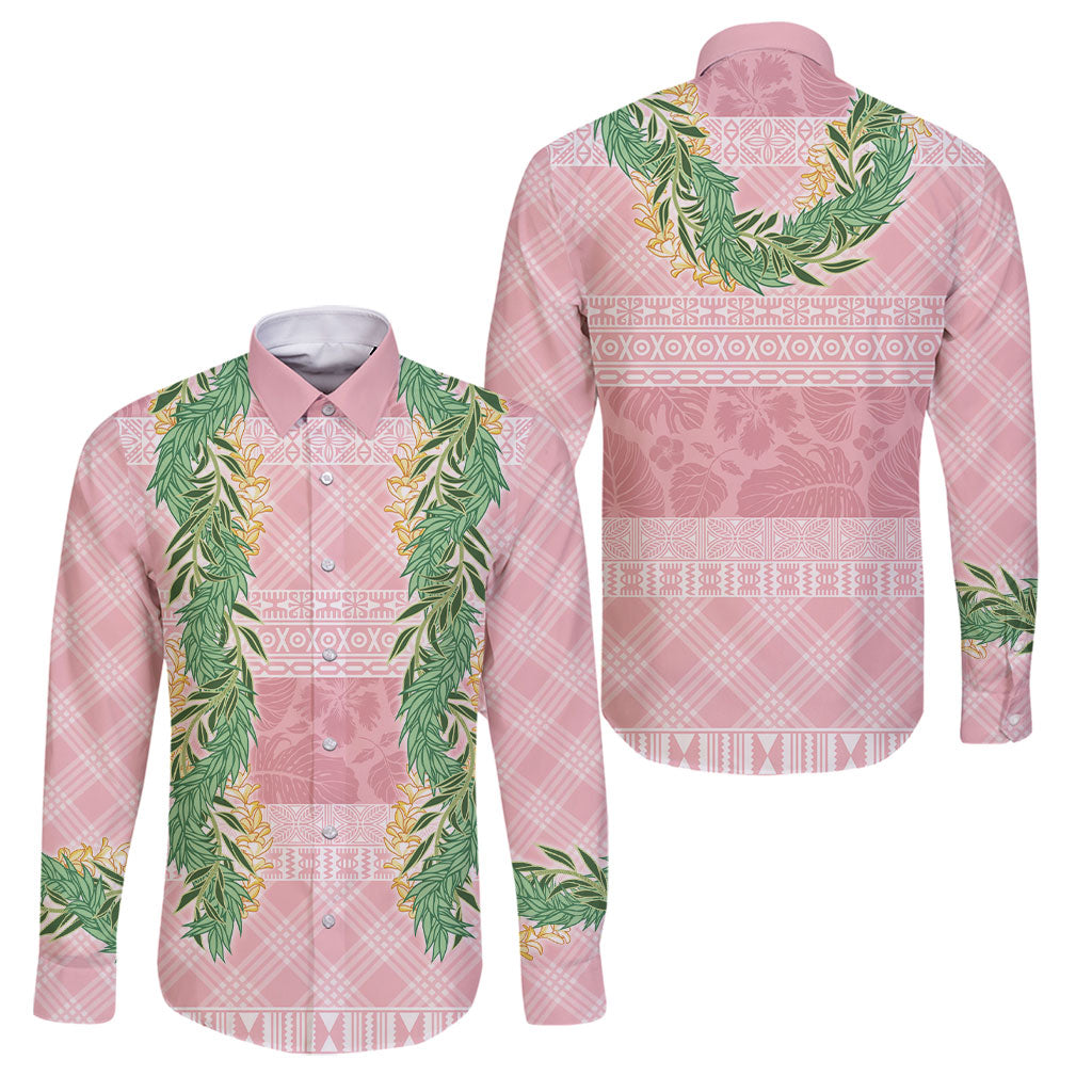 Hawai'i Paniolo Maile Twisted Lei Family Matching Off Shoulder Short Dress and Hawaiian Shirt Dusty Rose LT7 Dad's Shirt - Long Sleeve Dusty Rose - Polynesian Pride