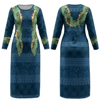 Hawai'i Paniolo Maile Twisted Lei Couples Matching Long Sleeve Bodycon Dress and Long Sleeve Button Shirt Cobalt Blue LT7 - Polynesian Pride
