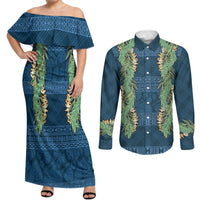 Hawai'i Paniolo Maile Twisted Lei Couples Matching Off Shoulder Maxi Dress and Long Sleeve Button Shirt Cobalt Blue LT7 Cobalt Blue - Polynesian Pride
