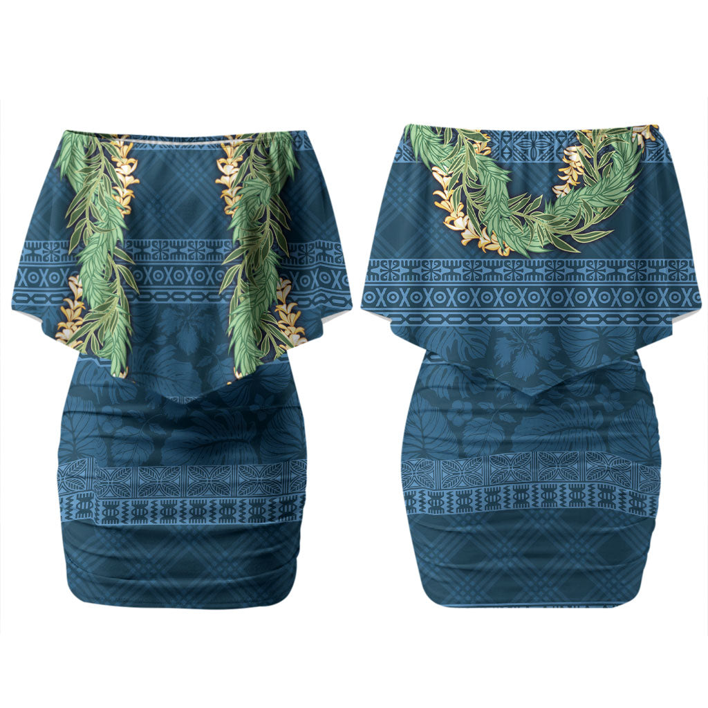 Hawai'i Paniolo Maile Twisted Lei Couples Matching Off Shoulder Short Dress and Hawaiian Shirt Cobalt Blue LT7 - Polynesian Pride