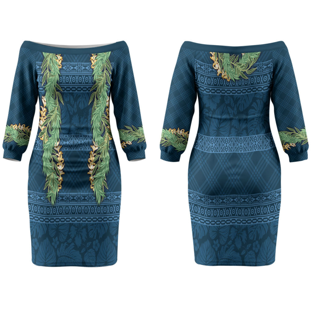 Hawai'i Paniolo Maile Twisted Lei Couples Matching Off The Shoulder Long Sleeve Dress and Hawaiian Shirt Cobalt Blue LT7 - Polynesian Pride